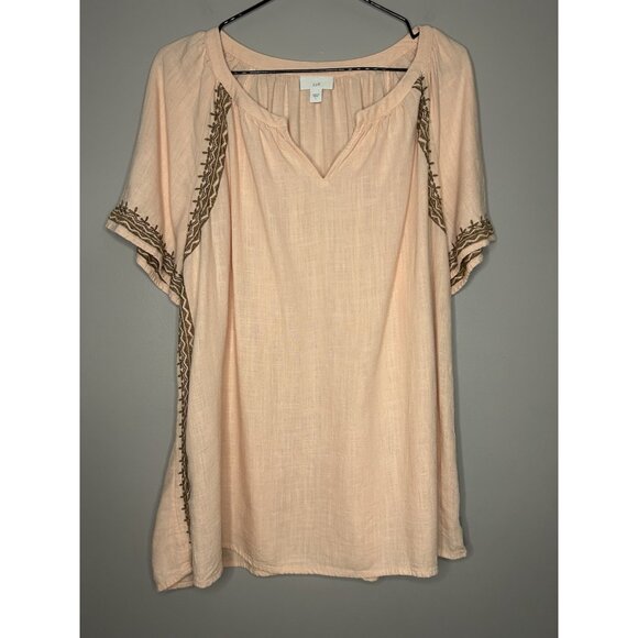 J Jill Women's Size L Shirt Linen Blend Tunic Top Boho Embroidered Short Sleeve - Picture 2 of 9